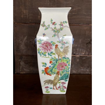 VASO PORCELLANA CINESE FAMILLE ROSE ANSE FIORI PEONIE GALLI VERDE CELADON XX sec