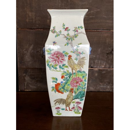 VASO PORCELLANA CINESE FAMILLE ROSE ANSE FIORI PEONIE GALLI VERDE CELADON XX sec