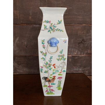VASO PORCELLANA CINESE FAMILLE ROSE ANSE FIORI PEONIE GALLI VERDE CELADON XX sec