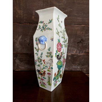 VASO PORCELLANA CINESE FAMILLE ROSE ANSE FIORI PEONIE GALLI VERDE CELADON XX sec