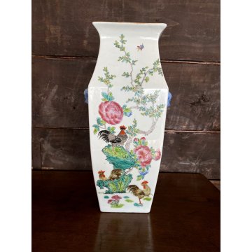 VASO PORCELLANA CINESE FAMILLE ROSE ANSE FIORI PEONIE GALLI VERDE CELADON XX sec