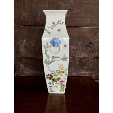 VASO PORCELLANA CINESE FAMILLE ROSE ANSE FIORI PEONIE GALLI VERDE CELADON XX sec