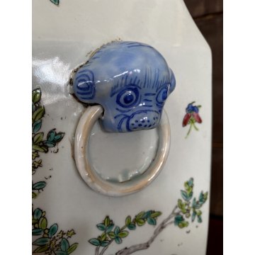 VASO PORCELLANA CINESE FAMILLE ROSE ANSE FIORI PEONIE GALLI VERDE CELADON XX sec