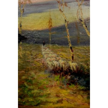 ANTICO DIPINTO Belloni ? PAESAGGIO COLLI PASCOLO PECORE ALBA LAGO MAGGIORE '900