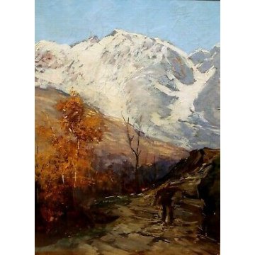ANTICO DIPINTO OLIO TELA PAESAGGIO MONTANI TRAMONTO NEVE MACUGNAGA BOSCAIOLO 900