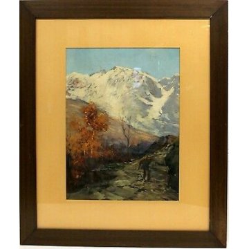 ANTICO DIPINTO OLIO TELA PAESAGGIO MONTANI TRAMONTO NEVE MACUGNAGA BOSCAIOLO 900