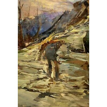 ANTICO DIPINTO OLIO TELA PAESAGGIO MONTANI TRAMONTO NEVE MACUGNAGA BOSCAIOLO 900