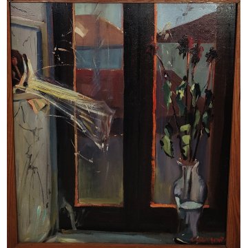 QUADRO DIPINTO olio tavola Carlo Monti Arona NATURA MORTA Fiori Lago Maggiore