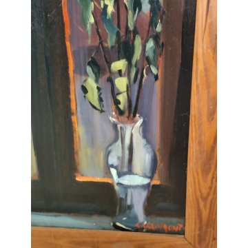 QUADRO DIPINTO olio tavola Carlo Monti Arona NATURA MORTA Fiori Lago Maggiore