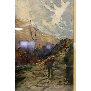 ANTICO DIPINTO OLIO TELA PAESAGGIO MONTANI TRAMONTO NEVE MACUGNAGA BOSCAIOLO 900