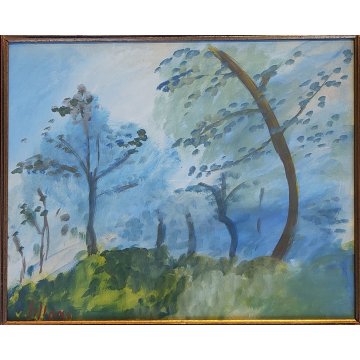 ANTICO QUADRO DIPINTO tempera cartone FIRMATO Lilloni PAESAGGIO BOSCO ALBERI