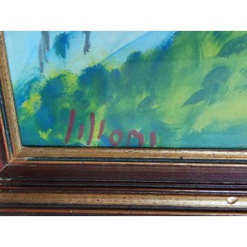 ANTICO QUADRO DIPINTO tempera cartone FIRMATO Lilloni PAESAGGIO BOSCO ALBERI