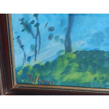 ANTICO QUADRO DIPINTO tempera cartone FIRMATO Lilloni PAESAGGIO BOSCO ALBERI