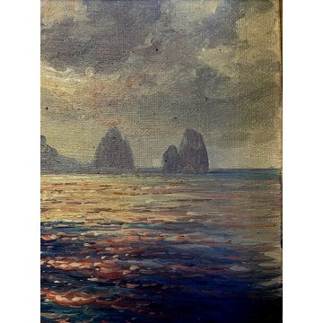 QUADRO DIPINTO OLIO N. Costanzi PAESAGGIO MARINO Faraglioni Capri TRAMONTO