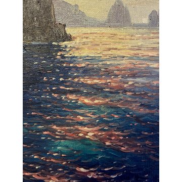 QUADRO DIPINTO OLIO N. Costanzi PAESAGGIO MARINO Faraglioni Capri TRAMONTO