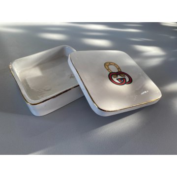 SCATOLA PORCELLANA con COPERCHIO Gucci MOTIVO EQUESTRE 10x 0x3,7 cm ANNI '70