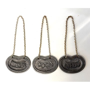 SET 3 ETICHETTE VINTAGE BAR CRYSTAL DECANTER LABELS Brandy Goga Cherry PELTRO