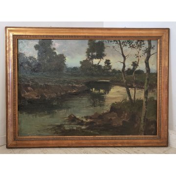 GRANDE QUADRO DIPINTO OLIO TELA Ercole Magrotti PAESAGGIO BOSCO FIUME MONTAGNA