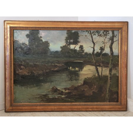 GRANDE QUADRO DIPINTO OLIO TELA Ercole Magrotti PAESAGGIO BOSCO FIUME MONTAGNA