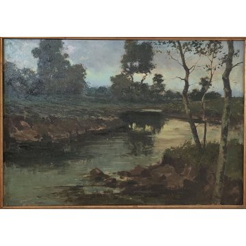 GRANDE QUADRO DIPINTO OLIO TELA Ercole Magrotti PAESAGGIO BOSCO FIUME MONTAGNA