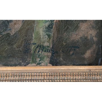 GRANDE QUADRO DIPINTO OLIO TELA Ercole Magrotti PAESAGGIO BOSCO FIUME MONTAGNA