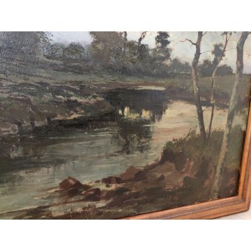 GRANDE QUADRO DIPINTO OLIO TELA Ercole Magrotti PAESAGGIO BOSCO FIUME MONTAGNA