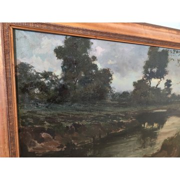 GRANDE QUADRO DIPINTO OLIO TELA Ercole Magrotti PAESAGGIO BOSCO FIUME MONTAGNA