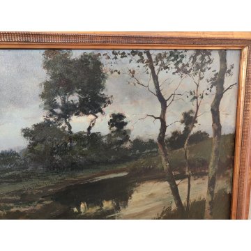 GRANDE QUADRO DIPINTO OLIO TELA Ercole Magrotti PAESAGGIO BOSCO FIUME MONTAGNA