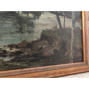 GRANDE QUADRO DIPINTO OLIO TELA Ercole Magrotti PAESAGGIO BOSCO FIUME MONTAGNA