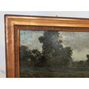 GRANDE QUADRO DIPINTO OLIO TELA Ercole Magrotti PAESAGGIO BOSCO FIUME MONTAGNA