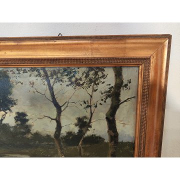 GRANDE QUADRO DIPINTO OLIO TELA Ercole Magrotti PAESAGGIO BOSCO FIUME MONTAGNA