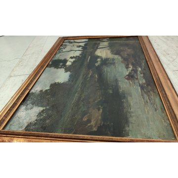 GRANDE QUADRO DIPINTO OLIO TELA Ercole Magrotti PAESAGGIO BOSCO FIUME MONTAGNA