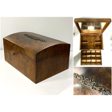 ANTICO COFANETTO SCATOLA LEGNO RADICA NOCE  COPERCHIO BOMBATO DECORO VITTORIANO