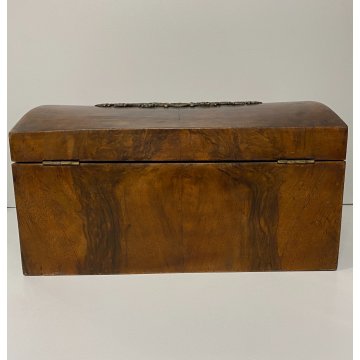 ANTICO COFANETTO SCATOLA LEGNO RADICA NOCE  COPERCHIO BOMBATO DECORO VITTORIANO