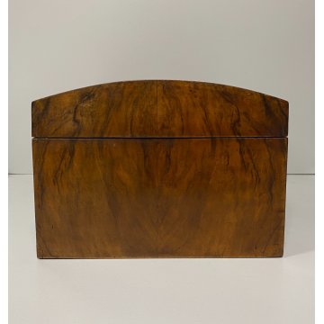 ANTICO COFANETTO SCATOLA LEGNO RADICA NOCE  COPERCHIO BOMBATO DECORO VITTORIANO