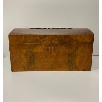 ANTICO COFANETTO SCATOLA LEGNO RADICA NOCE  COPERCHIO BOMBATO DECORO VITTORIANO