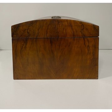 ANTICO COFANETTO SCATOLA LEGNO RADICA NOCE  COPERCHIO BOMBATO DECORO VITTORIANO