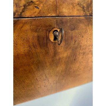 ANTICO COFANETTO SCATOLA LEGNO RADICA NOCE  COPERCHIO BOMBATO DECORO VITTORIANO