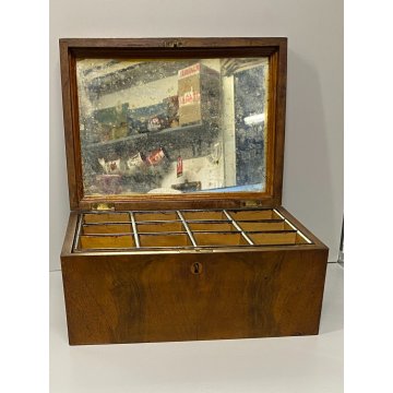 ANTICO COFANETTO SCATOLA LEGNO RADICA NOCE  COPERCHIO BOMBATO DECORO VITTORIANO