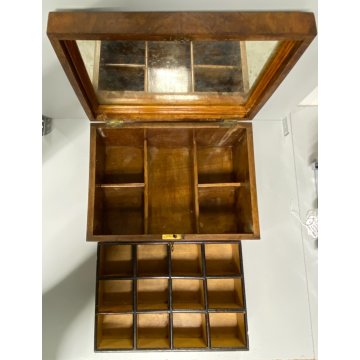 ANTICO COFANETTO SCATOLA LEGNO RADICA NOCE  COPERCHIO BOMBATO DECORO VITTORIANO