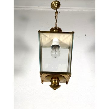 LAMPADARIO SOSPENSIONE LANTERNA OTTONE VETRO 1 LUCE DESIGN MID CENTURY MODERN