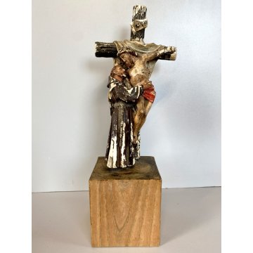 STATUETTA GESSO SAN FRANCESCO DEPONE CRISTO DALLA CROCE con BASE LEGNO 25cm/h