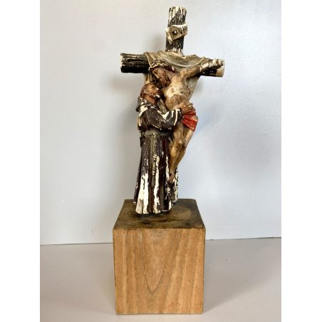 STATUETTA GESSO SAN FRANCESCO DEPONE CRISTO DALLA CROCE con BASE LEGNO 25cm/h