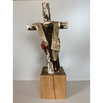 STATUETTA GESSO SAN FRANCESCO DEPONE CRISTO DALLA CROCE con BASE LEGNO 25cm/h
