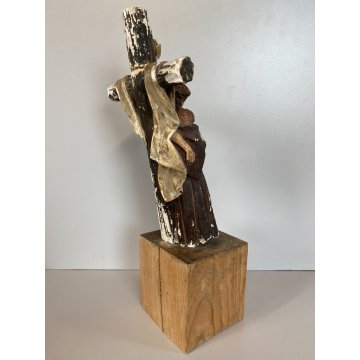 STATUETTA GESSO SAN FRANCESCO DEPONE CRISTO DALLA CROCE con BASE LEGNO 25cm/h