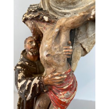 STATUETTA GESSO SAN FRANCESCO DEPONE CRISTO DALLA CROCE con BASE LEGNO 25cm/h