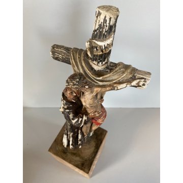 STATUETTA GESSO SAN FRANCESCO DEPONE CRISTO DALLA CROCE con BASE LEGNO 25cm/h
