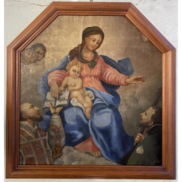 ANTICO DIPINTO OLIO MADONNA GESU BAMBINO MESSAGGIO ai SANTI RELIGIOSO '600/'700