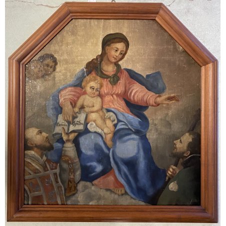 ANTICO DIPINTO OLIO MADONNA GESU BAMBINO MESSAGGIO ai SANTI RELIGIOSO '600/'700