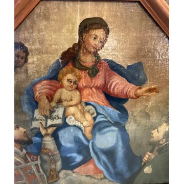 ANTICO DIPINTO OLIO MADONNA GESU BAMBINO MESSAGGIO ai SANTI RELIGIOSO '600/'700